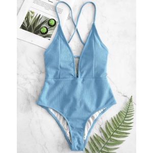 ZAFUL Blue Lace Up Ribbed One Piece